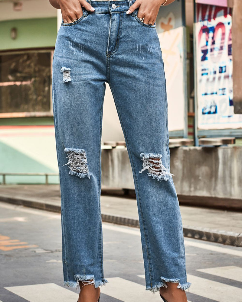 BEAUTIFUL I AM Distresssed Buttoned Loose Fit Jeans