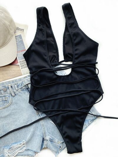BEAUTIFUL I AM Ribbed Lace Up One-Piece Swimsuit Swim Set
