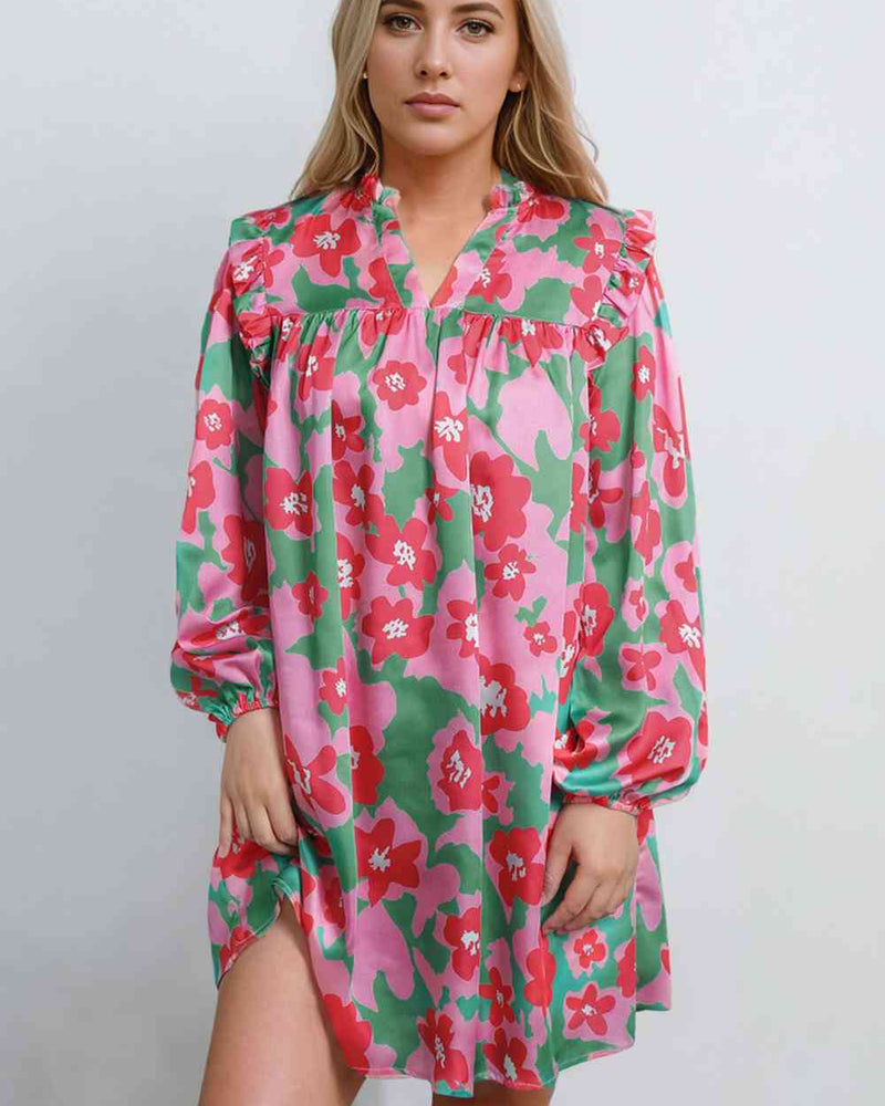 BEAUTIFUL I AM Floral Notched Neck Long Sleeve Dress
