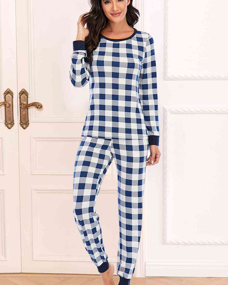 BEAUTIFUL I AM Plaid Round Neck Top Sleep Wear Set