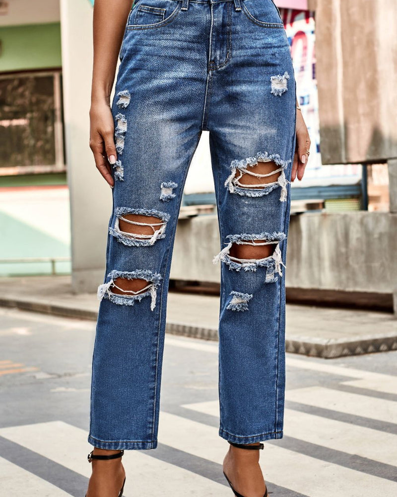 BEAUTIFUL I AM Distressed Buttoned Jeans with Pockets