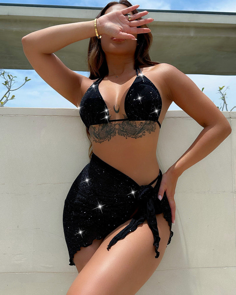 BEAUTIFUL I AM Glitter Halter Neck Backless Three-Piece Swim Set