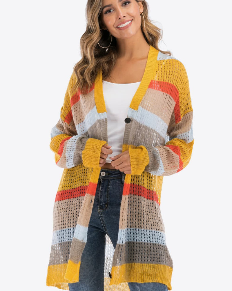 BEAUTIFUL I AM Color Block Openwork Long Sleeve Cardigan