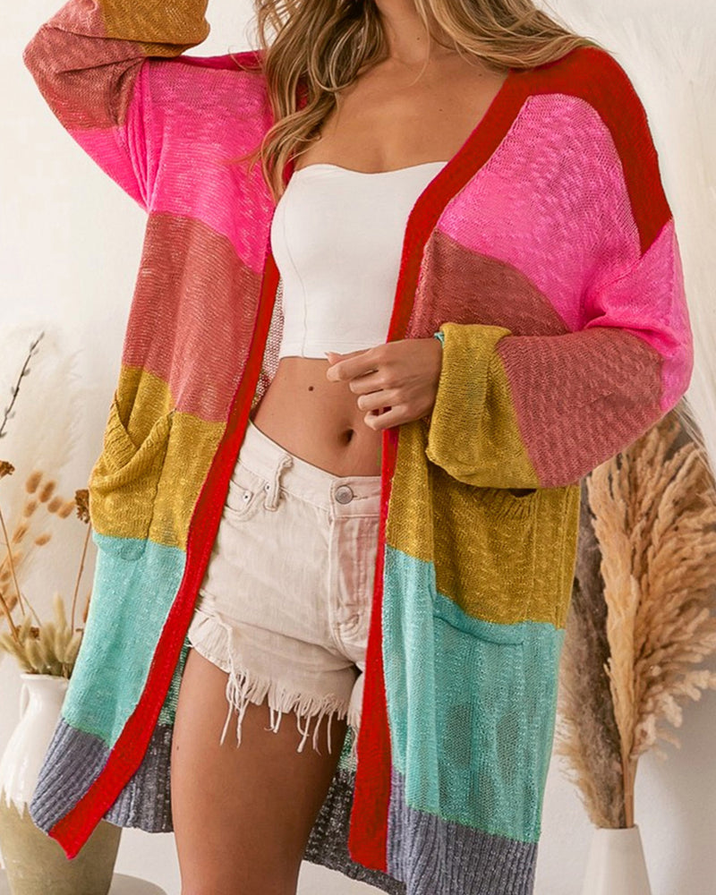 BEAUTIFUL I AM Color Block Open Front Cardigan with Pockets