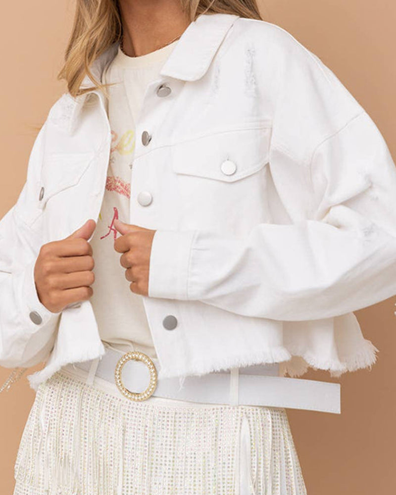 BEAUTIFUL I AM Distressed Raw Hem Dropped Shoulder Denim Jacket