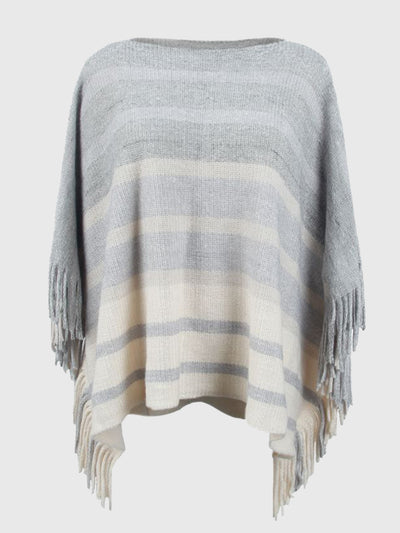 BEAUTIFUL I AM Striped Boat Neck Poncho with Fringes