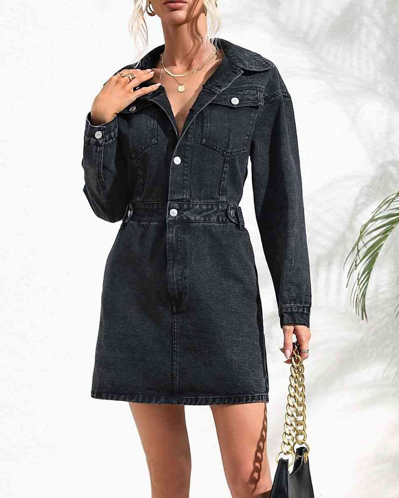 BEAUTIFUL I AM Buttoned Collared Neck Denim Mini Dress