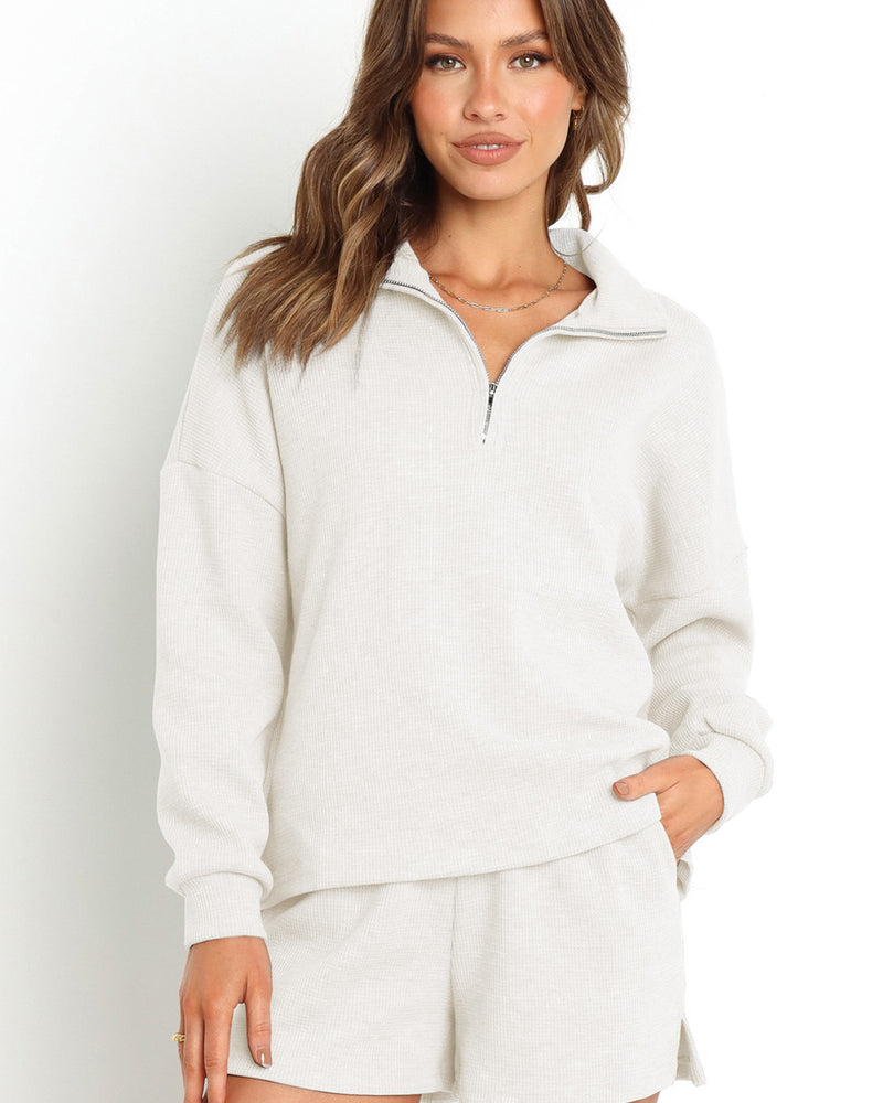 BEAUTIFUL I AM Collared Neck Zip-Up Top and Slit Short Set