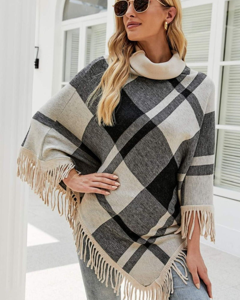 BEAUTIFUL I AM Plaid Turtleneck Fringe Hem Poncho