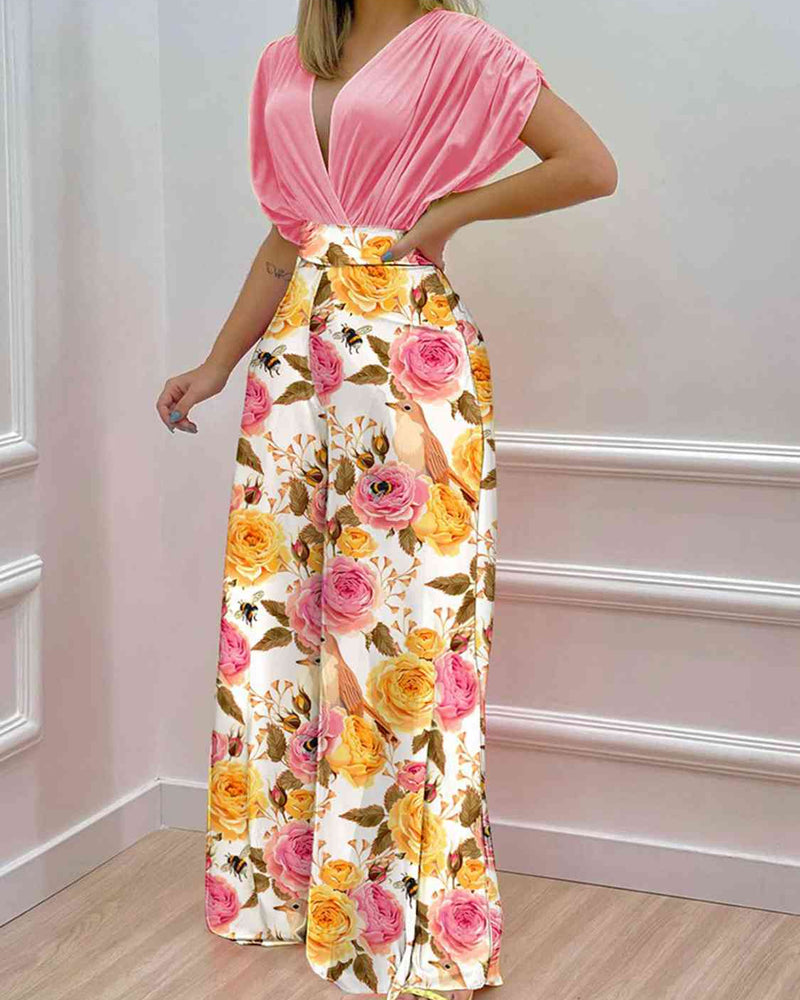 BEAUTIFUL I AM Printed Surplice Top and Wide Leg Pants Set