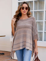 BEAUTIFUL I AM Striped Boat Neck Poncho with Fringes