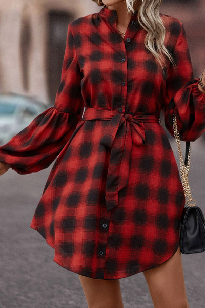 BEAUTIFUL I AM Plaid Tie Waist Balloon Sleeve Mini Dress