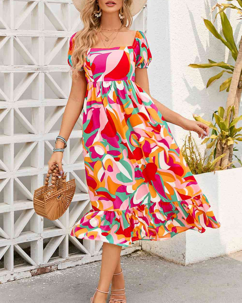 BEAUTIFUL I AM Printed Square Neck Short Sleeve Dress