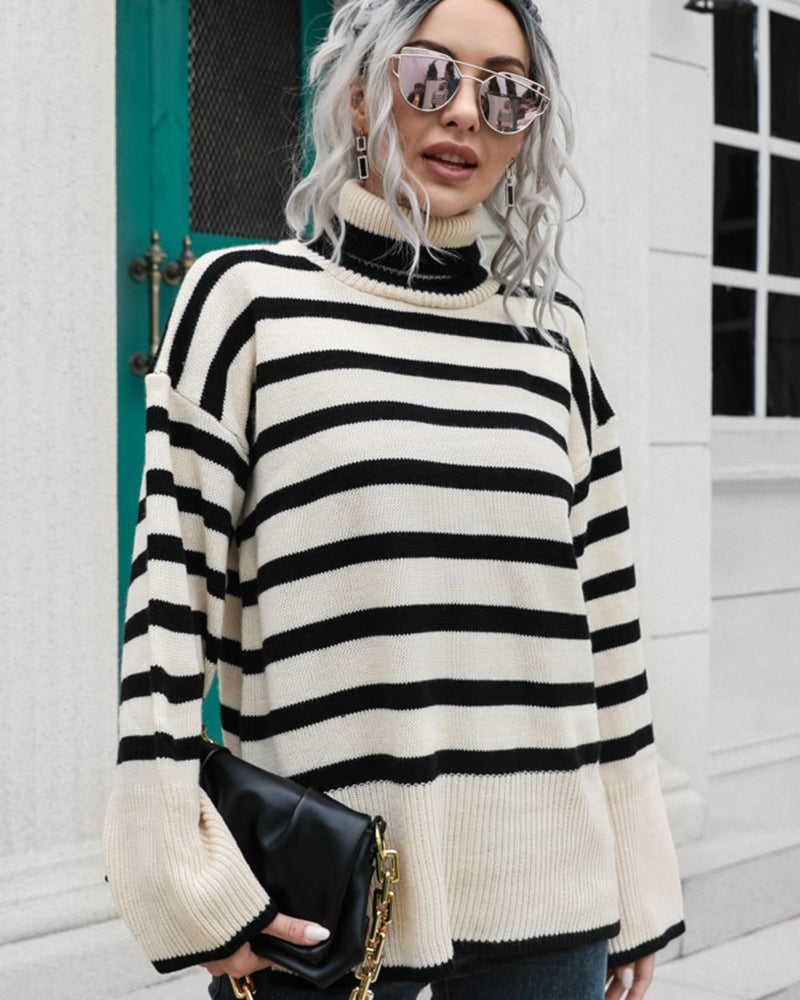 BEAUTIFUL I AM Striped Turtleneck Drop Shoulder Sweater
