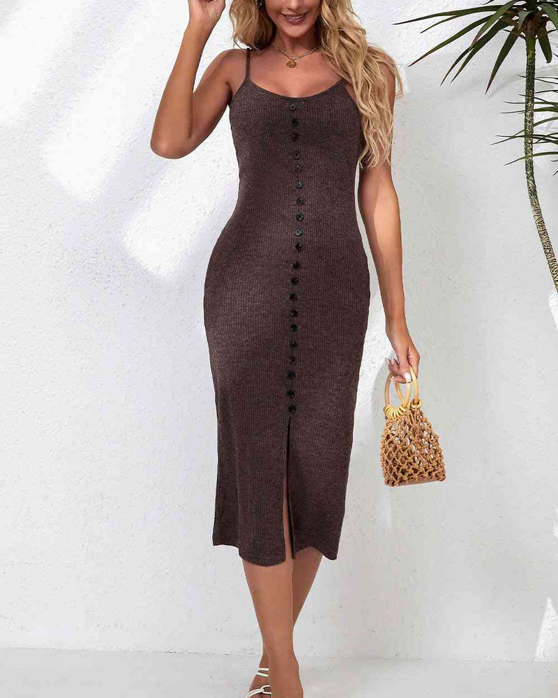 BEAUTIFUL I AM Decorative Button Slit Midi Dress