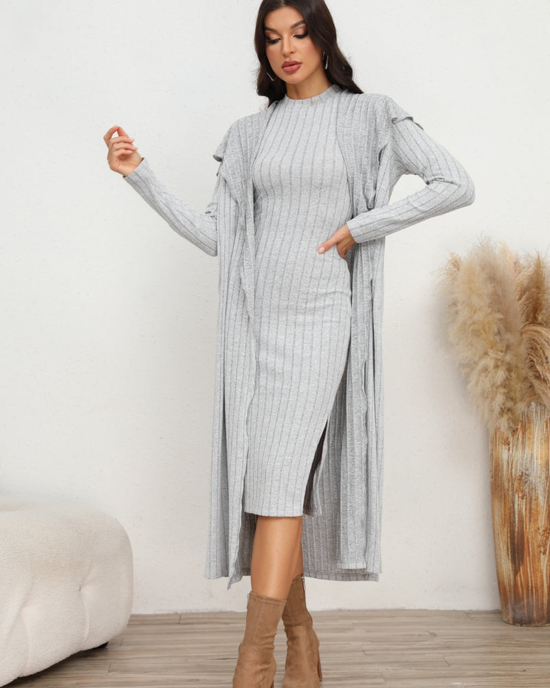 BEAUTIFUL I AM Slit Dress and Longline Cardigan Set