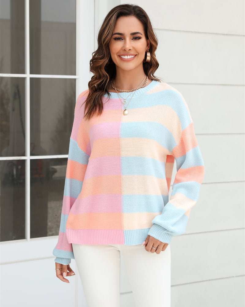 BEAUTIFUL I AM Round Neck Long Sleeve Color Block Dropped Shoulder Pullover Sweater