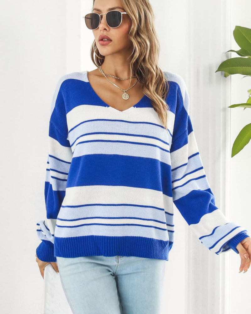 BEAUTIFUL I AM Striped V-Neck Dropped Shoulder Sweater