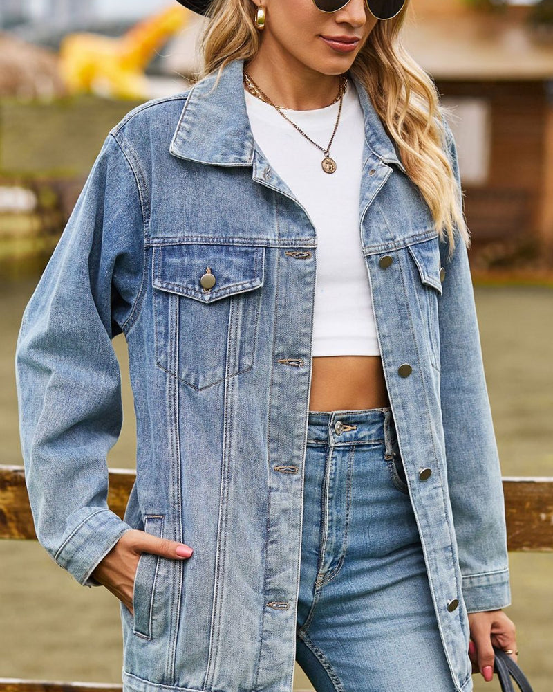 BEAUTIFUL I AM Buttoned Collared Neck Denim Packable Jacket with Pockets