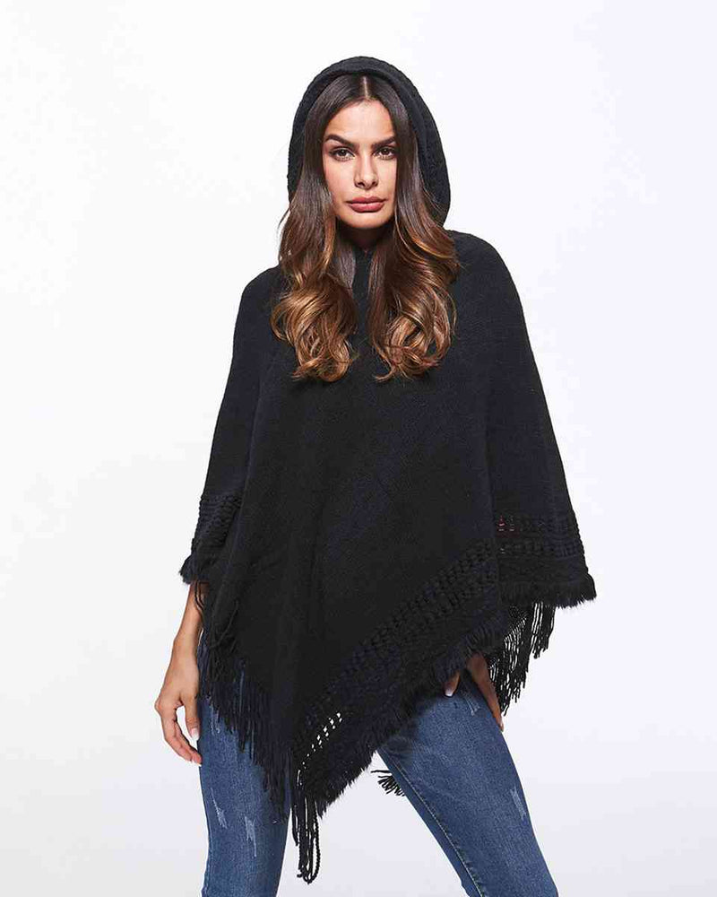 BEAUTIFUL I AM Openwork Fringe Hem Hooded Poncho