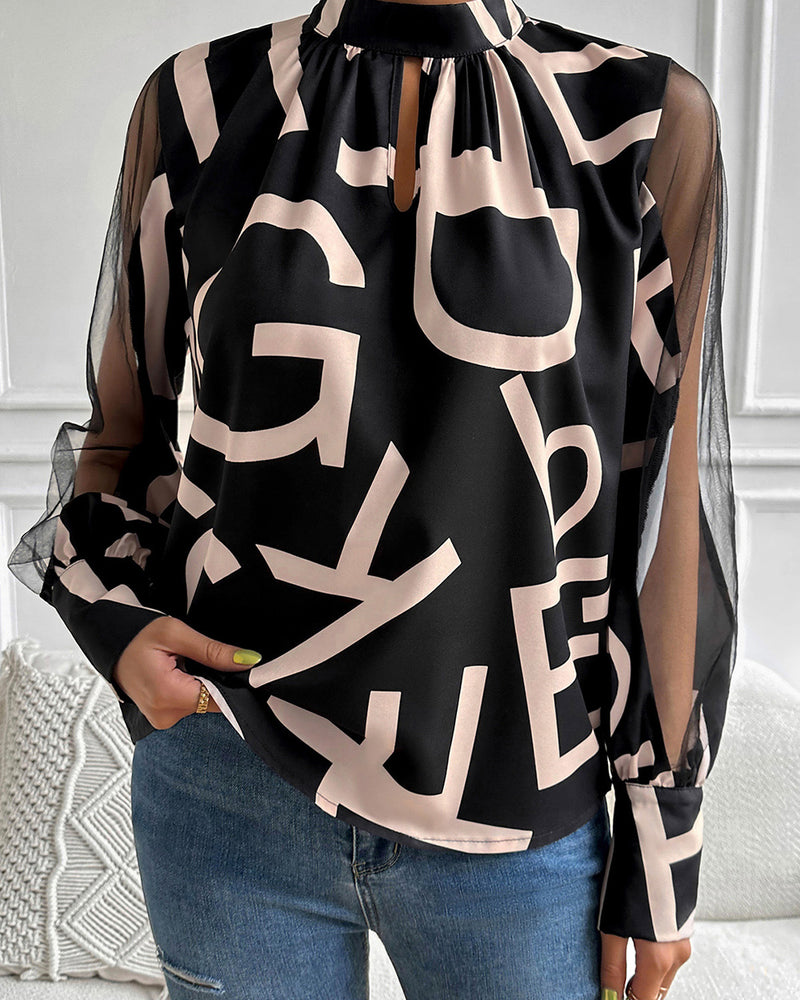 BEAUTIFUL I AM Printed Spliced Mesh Sleeve Blouse Shirt
