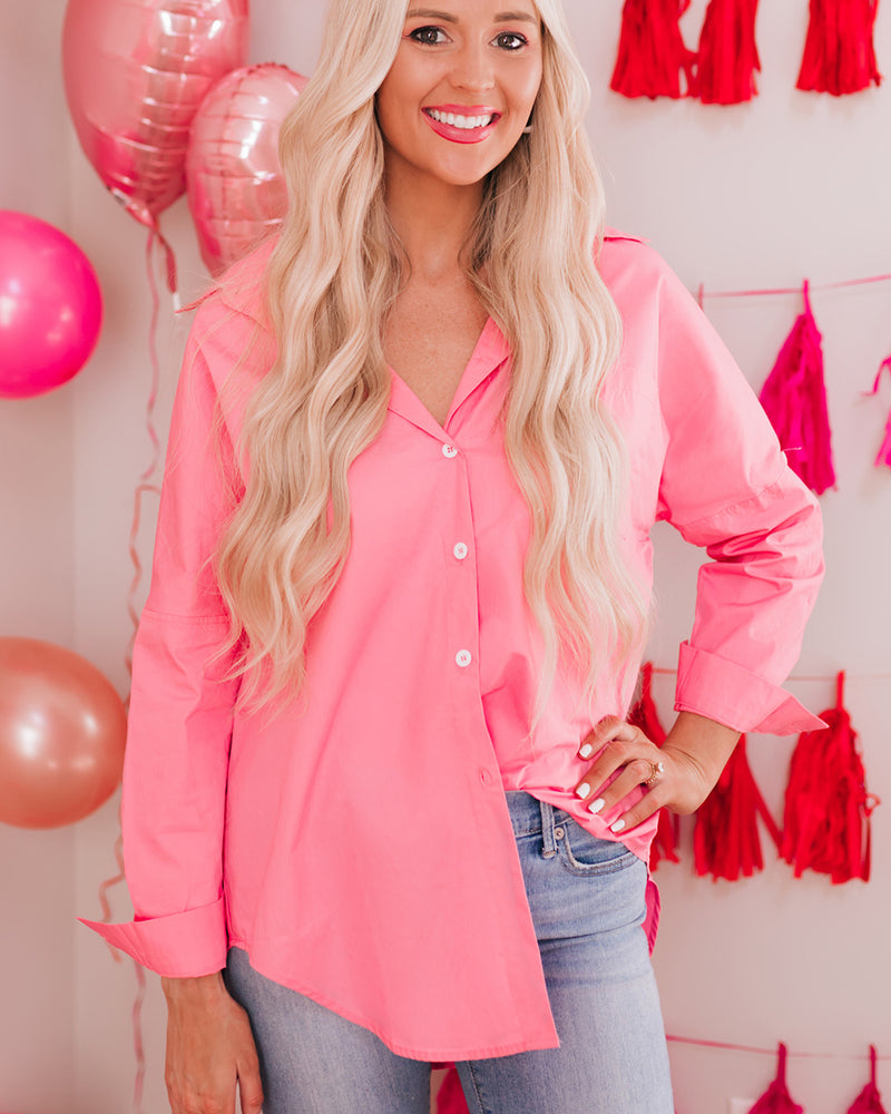 BEAUTIFUL I AM Buttoned Lapel Collar Dropped Shoulder Long Shirt