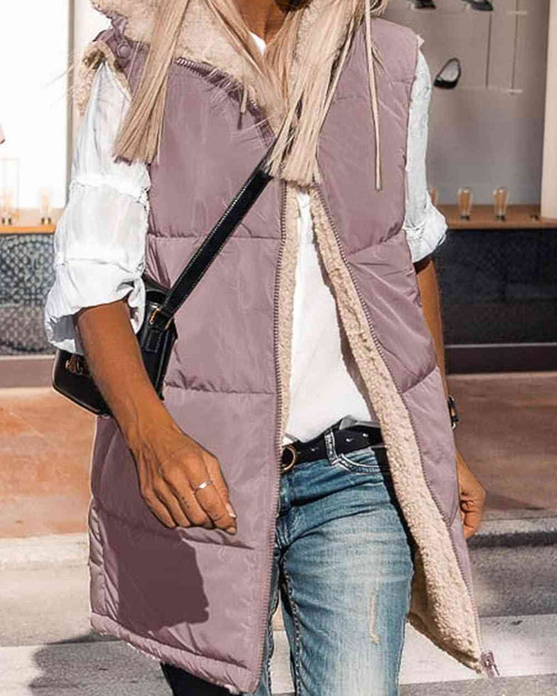 BEAUTIFUL I AM Zip-Up Longline Hooded Vest Jacket