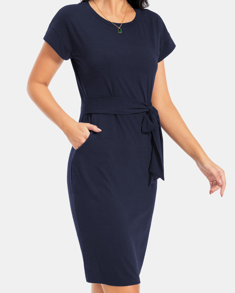 BEAUTIFUL I AM Tie Front Round Neck Short Sleeve Dress