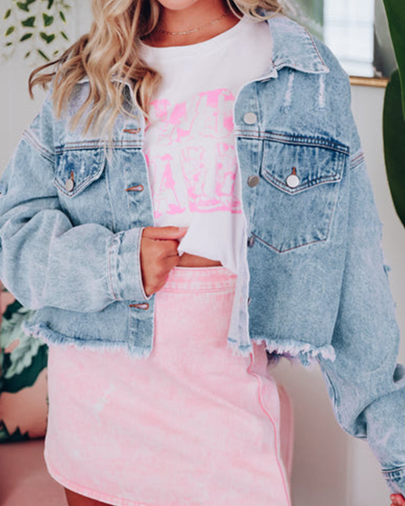 BEAUTIFUL I AM Distressed Raw Hem Denim Jacket