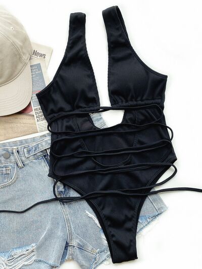 BEAUTIFUL I AM Ribbed Lace Up One-Piece Swimsuit Swim Set