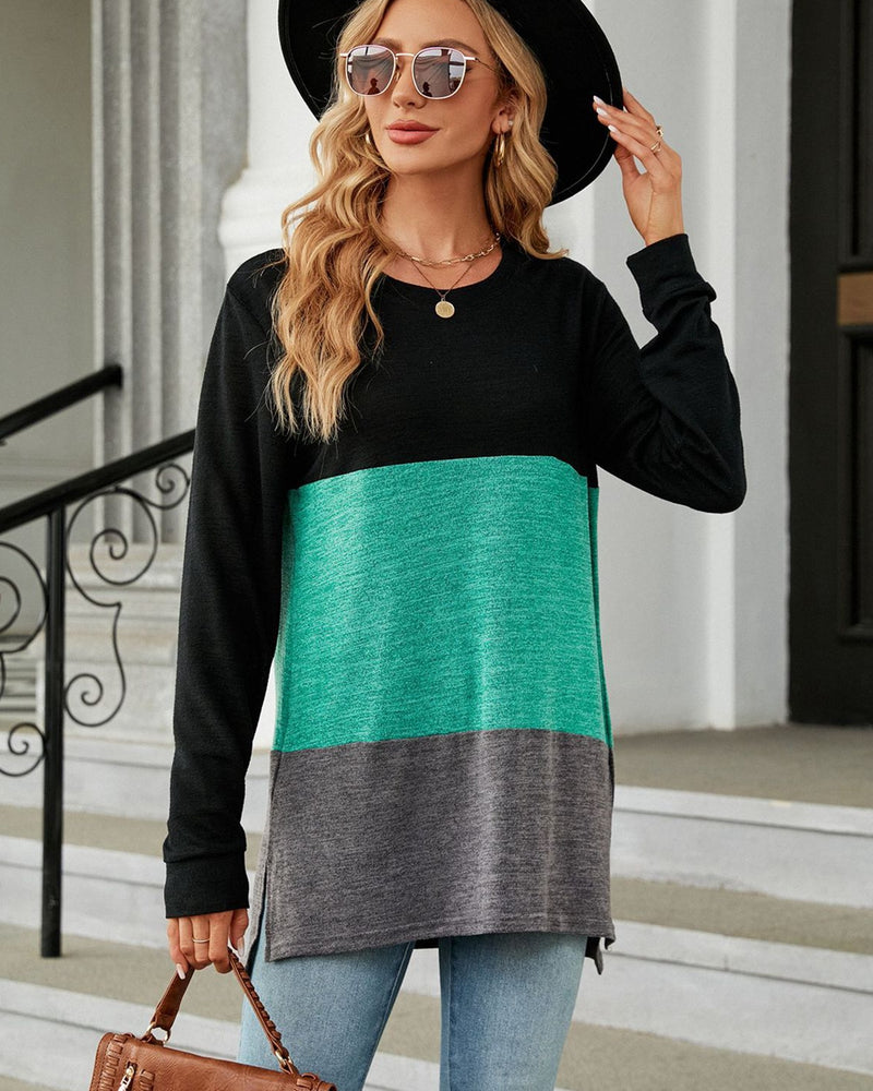 BEAUTIFUL I AM Color Block Round Neck Long Sleeve Slit Shirt