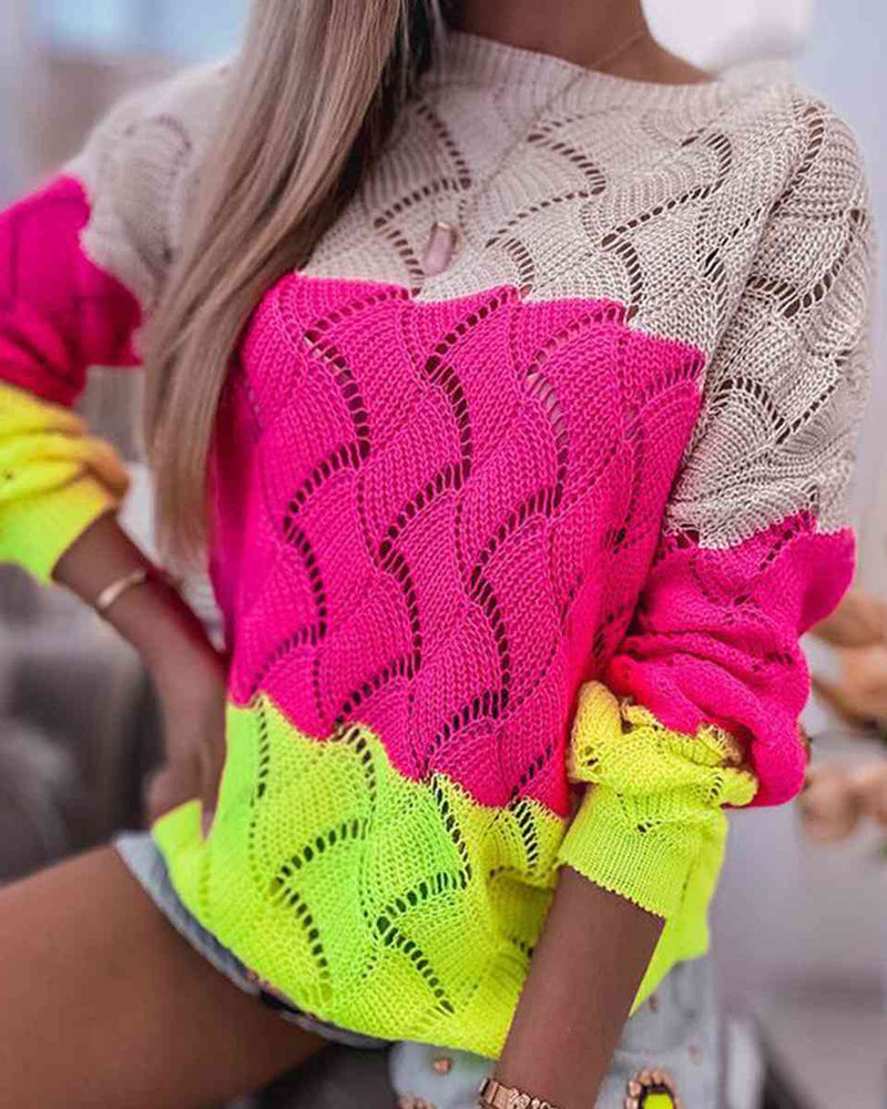 BEAUTIFUL I AM Openwork Color Block Pullover Sweater