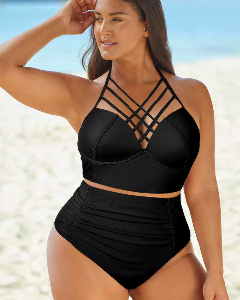 BEAUTIFUL I AM Halter Neck Crisscross Ruched Two-Piece Swimsuit Swim Set