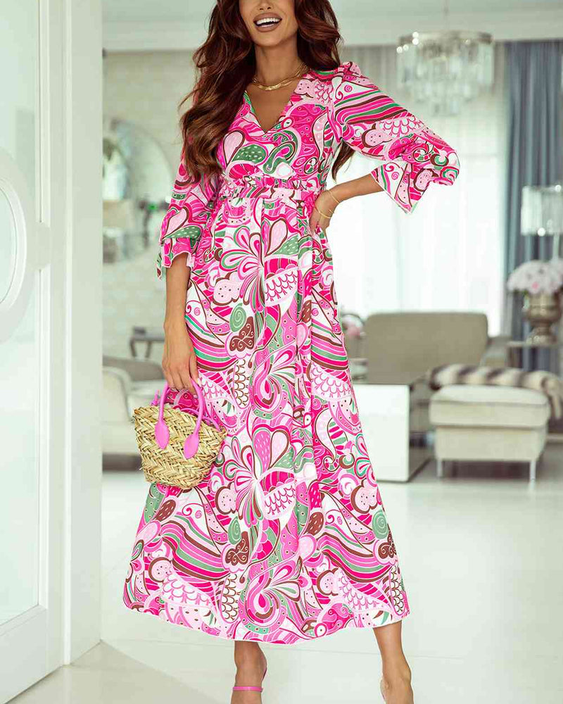 BEAUTIFUL I AM Printed Surplice Neck Flounce Sleeve Dress