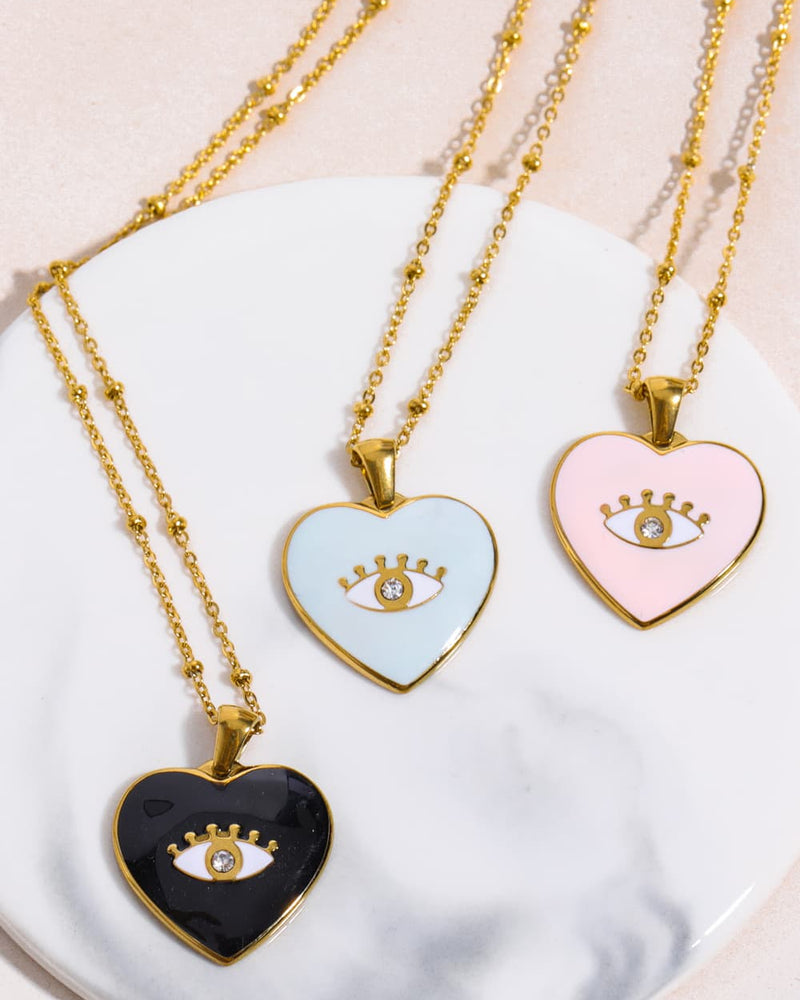 BEAUTIFUL I AM Heart & Evil Eye Shape Jewelry 18K Gold Plated Pendant Necklace