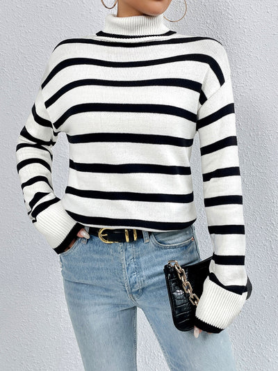 BEAUTIFUL I AM Striped Turtleneck Drop Shoulder Sweater