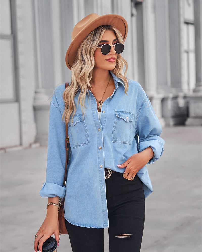 BEAUTIFUL I AM Collared Neck Dropped Shoulder Denim Shirt Top