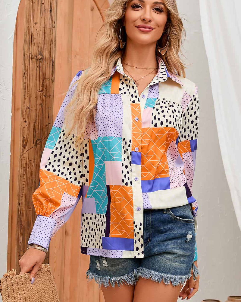 BEAUTIFUL I AM Patchwork Puff Sleeve Collared Shirt