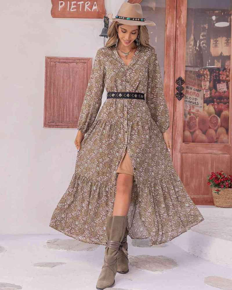 BEAUTIFUL I AM Floral Button Up V-Neck Tiered Dress