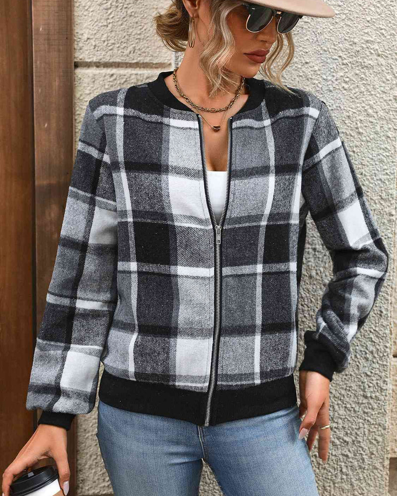 BEAUTIFUL I AM Plaid Zip Up Baseball Collar Jacket
