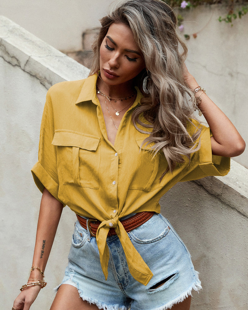BEAUTIFUL I AM Cropped Tie Front Short Sleeve Shirt
