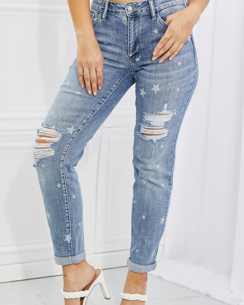BEAUTIFUL I AM Judy Blue Sarah Full Size Star Pattern Boyfriend Jeans