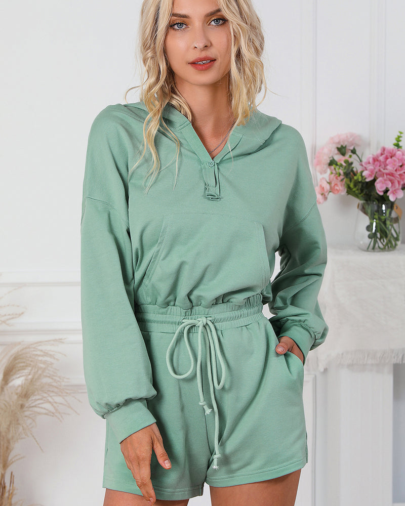 BEAUTIFUL I AM Drawstring Waist Hooded Shorts Romper with Pockets
