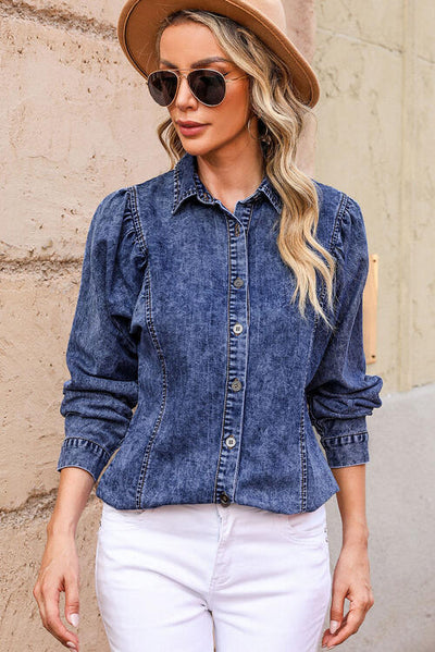 BEAUTIFUL I AM Button Up Collared Neck Denim Top Shirt