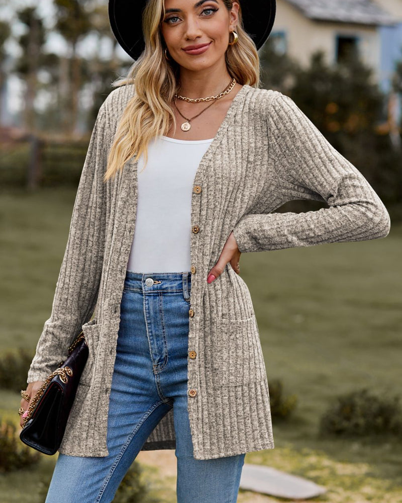 BEAUTIFUL I AM Ribbed Button-UP Cardigan with Pockets