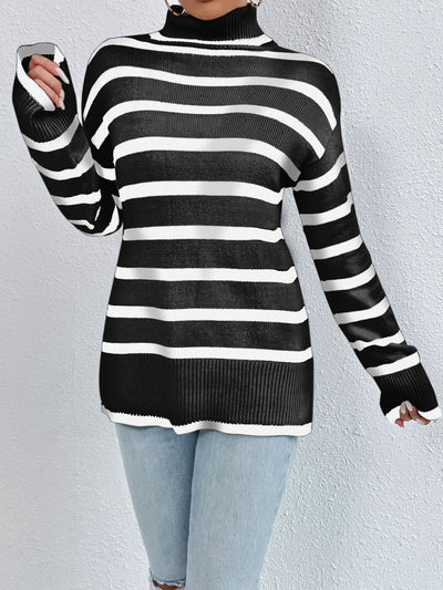 BEAUTIFUL I AM Striped Turtleneck Drop Shoulder Sweater