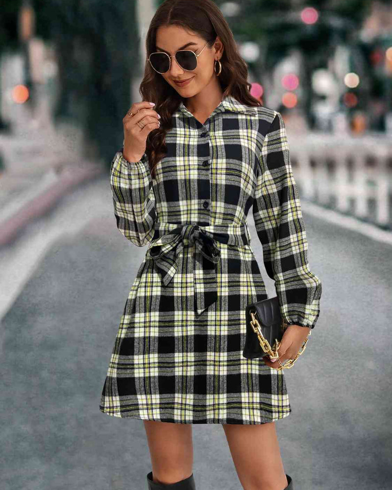 BEAUTIFUL I AM Plaid Tie Front Collared Neck Long Sleeve Dress