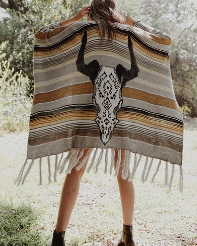 BEAUTIFUL I AM Leto Desert Wanderer Cow Skull Striped Poncho Cardigan