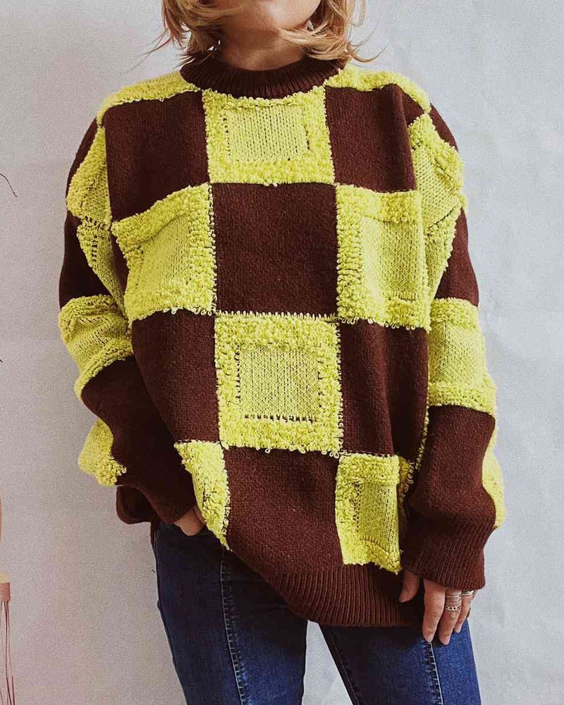BEAUTIFUL I AM Checkered Round Neck Long Sleeve Sweater