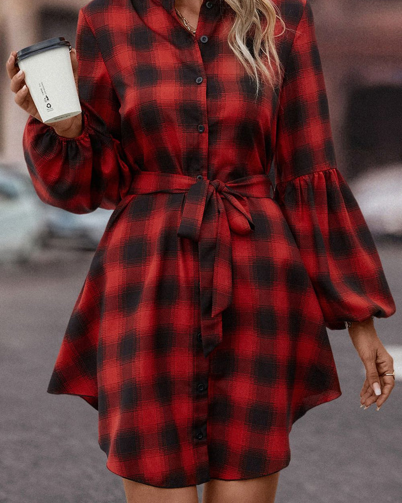 BEAUTIFUL I AM Plaid Tie Waist Balloon Sleeve Mini Dress
